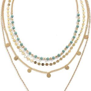Boho Bohemian Necklace Set 4pcs Turquoise Coins Layered Gift for Women